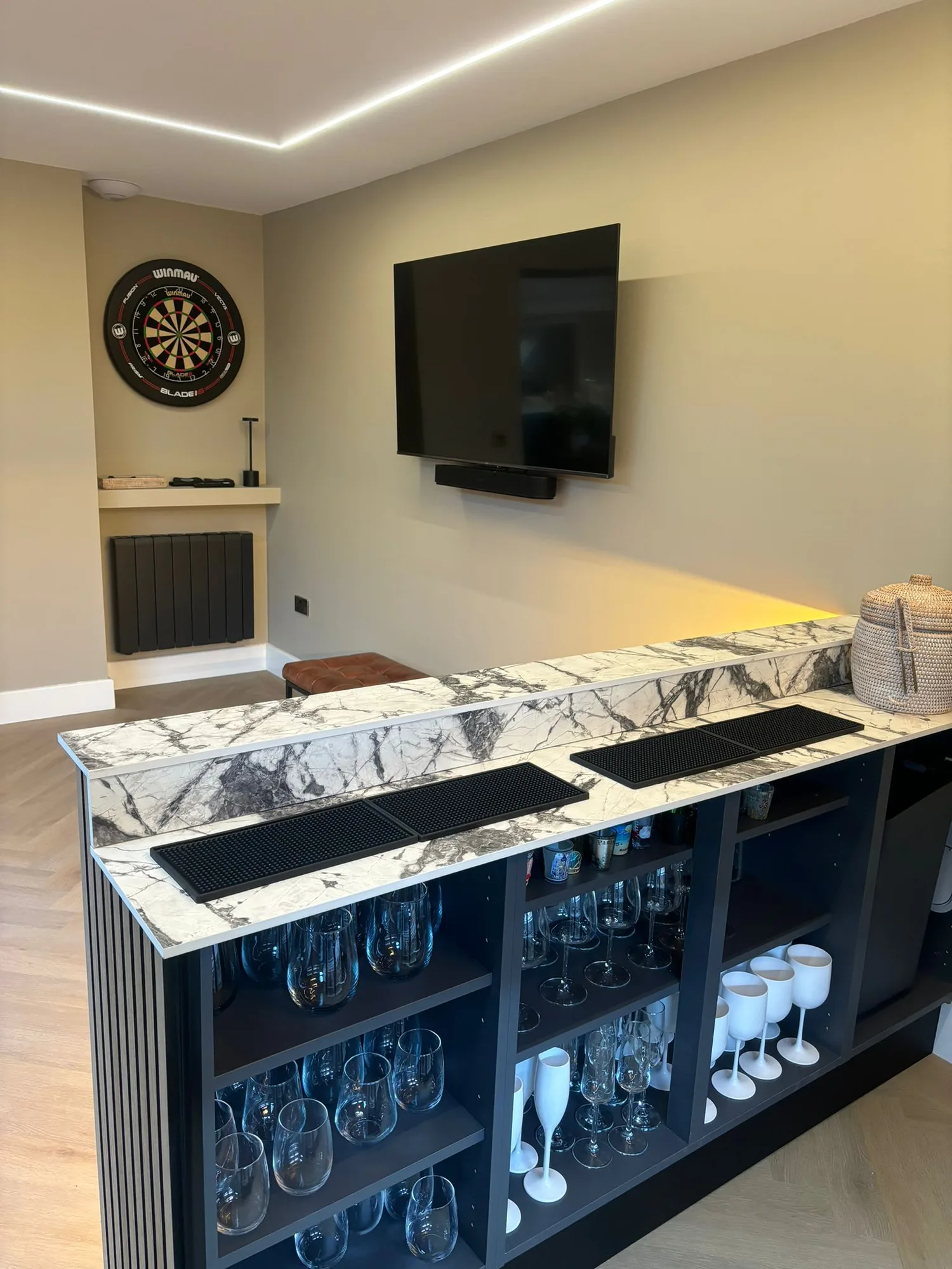 Home bar interior inside a garden room extension in Essex